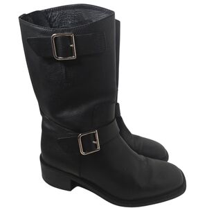 CHANEL - 14B CC Black Leather Buckle Moto Biker Boots - 37